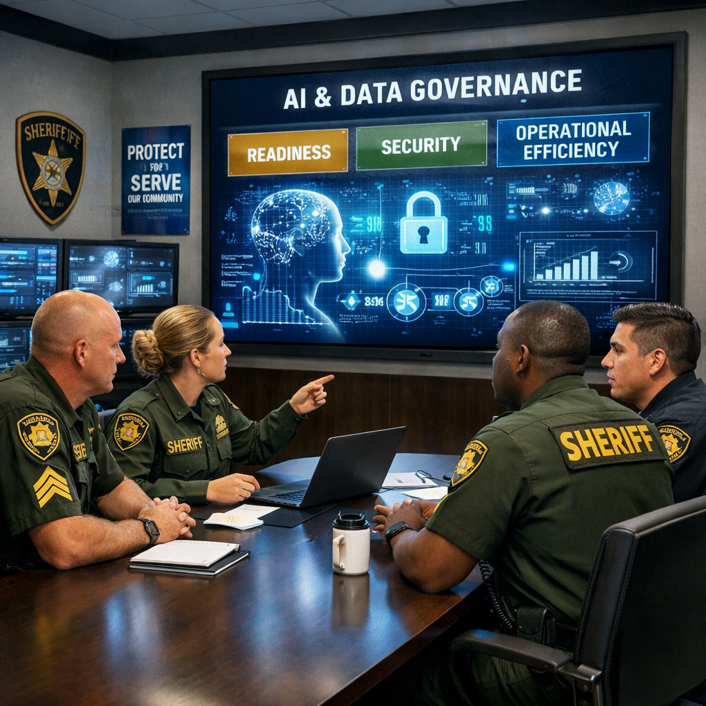 The image features a sleek modern office environment with a focus on technology and law enforcement In the foreground a diverse group of sheriff offic The image features a sleek modern office environment with a focus on technology and law enforcement In the foreground a diverse group of sheriff offic